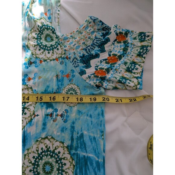 Chico's Top Women M/1 Geo Lagoon Cold Shoulder Tunic Aqua Blue Abstract Stretch - Picture 11 of 12